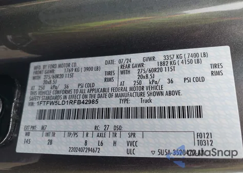 2024 Ford F-150 Lariat z USA, uszkodzony, nr VIN 1FTFW5LD1RFB42985